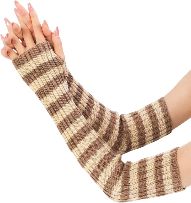Sumleno Long Fingerless Gloves Knitted Y2k Striped Arm Warmers for Women Girls Punk Gothic Emo Scene Grunge Accessories - Image 1